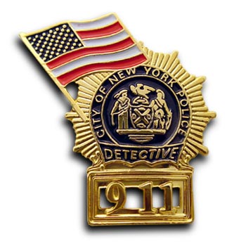 NYC  DETECTIVE 9-11 Memorial Pin WITH FLAG - 9-11 MEMORIAL NYC Detective Shield & Flag Lapel Pin 