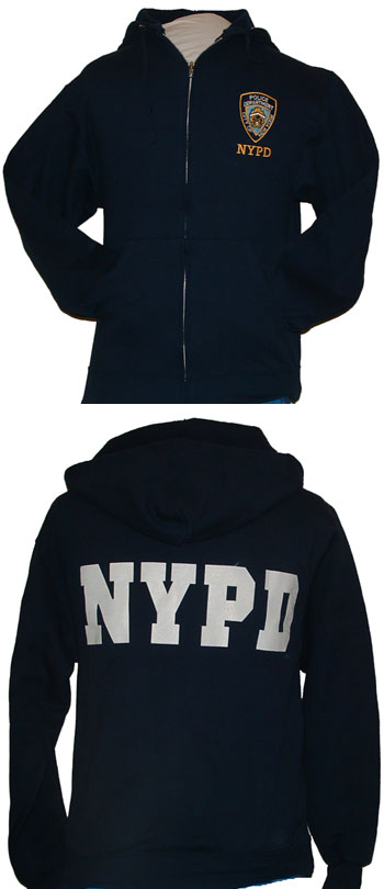 NYPD Embroidered Zipper Hooded sweat with back lettering - This NYPD zippered, hooded Sweatshirt features the patch on left chest, front pockets and  NYPD lettering on back