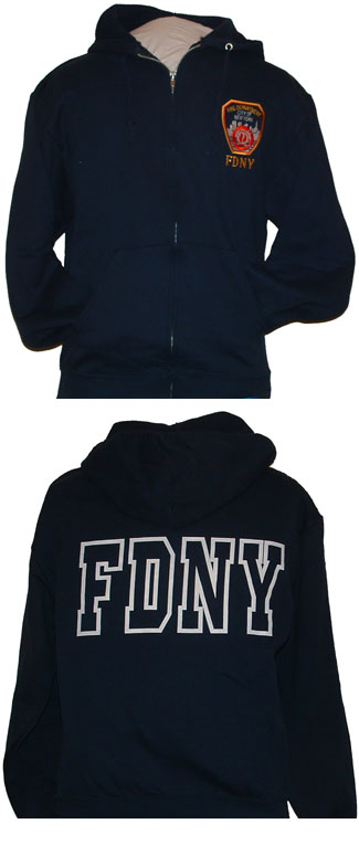 FDNY ZIPPER HOODED Embroidered Patch Outline  Sweatshirt - FDNY Full Zipper Hooded Sweat with pockets. Embroidered Patch on the front left breast with FDNY Screen Printed letter outline across the back.