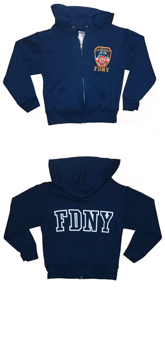 Fdny Children's  Embroidered ZIPPER HOODED SWEATSHIRT  Patch fdny Outline on the back - Children's FDNY Embroidered ZIPPER HOODED SWEATSHIRT Patch logo on the front left breast with full size FDNY Screen Printed letters outline across the back.. 