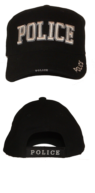 Police 3-d embroidered cap - Police embroidered in 3-d lettering. Also embroidery on visor and on adjustable back closure