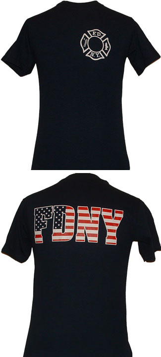 FDNY Maltese With FDNY American Flag Lettering onThe Back Of The Tee - FDNY Maltese cross screenprinted on left chest. Back lettering: FDNY in American Flag print