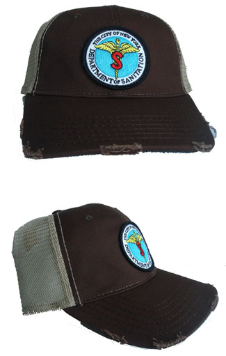 Dept. of Sanitation trucker cap - Two tone Brown distressed trucker cap. DOS Emblem embroidered on the front of the cap. Mesh is tan in color