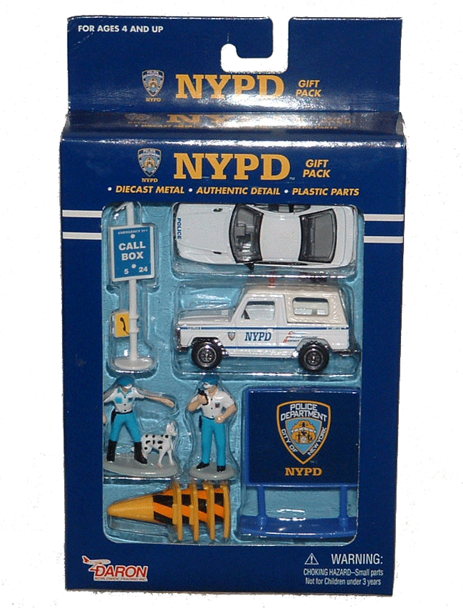 NYPD Toy Gift Set - This NYPD gift set includes a car, an SUV, two statue figures, four emergency cones, a NYPD sign and phone post.   Recommended for ages 4 and up.