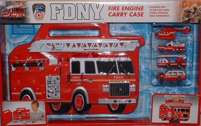 FDNY toy carry case - This FDNY carry case is shaped as a firetruck, and includes four vehicles. Has capacity to hold up to 15 vehicles
