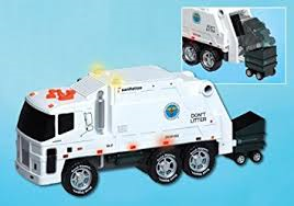 DSNY NYC BIG GARBAGE TRUCK - This NYC garbage truck features red lights, sounds, and motorized trash-collecting action. Batteries are included. Garbage Truck is 16.5" long. Motorized with forward and reverse. Dumpster goes up and down and it sings a song. Lights and sounds.