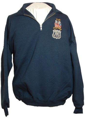 New York's Police  9-11 In Memory Cadet Collar Sweatshirt - New York police Commemorative Embroidered Adult Long Sleeve Fleece Cadet Style Zip Collar Shirt. Design: "In memory of 09-11-01". Twin Towers wrapped in an american flag and the NYPD shield under it. 