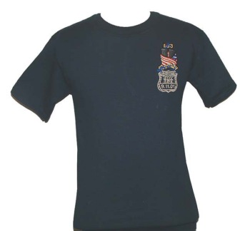 New York police in Memory Of 9-11-01 -Embroidered  T-Shirt - twin towers wrapped in american flag.