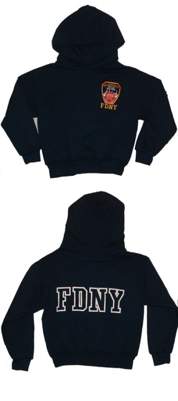 Fdny Children's  hooded sweatshirt - Embroidered patch on left chest, front pockets, with open FDNY lettering on back