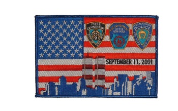 9-11 Memorial American Flag Patch - American Flag with NYPD, FDNY and Port Authority Patches. Features the NYC skyline with the twin towers