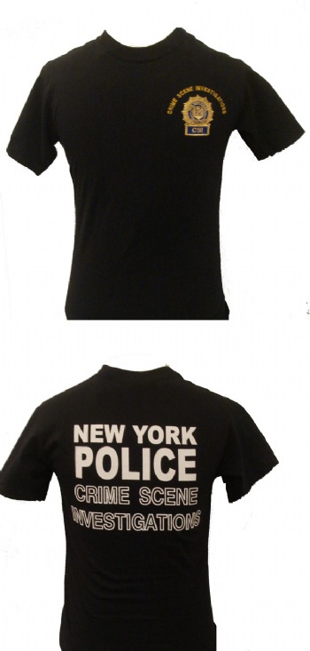 New York Police CSI t-shirt - Crime Scene Investigations patch in gold on left chest. New York Police crime scene investigations printed on back