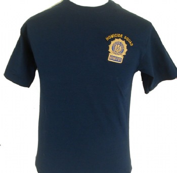 New York Police Homicide Sqaud T-shirt - New York Police Homicide Unit shield embroidered in gold on left chest. Printed back