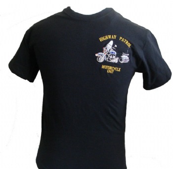 New York's Highway Patrol Motorcycle unit t-shirt - Highway Patrol Motorcycle unit embroidered in gold lettering on left chest with beautiful insignia. White lettering printed on back