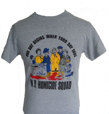 New York's Police Homicide Squad Pictorial t-shirt - Our day begins when your day ends accurately depicted with cartoon like characters for the PD Homicide squad
