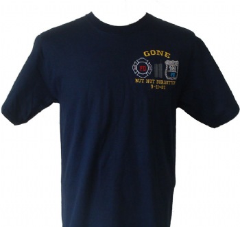 Gone But Not forgotten 9/11 t-shirt - Our signature t-shirt has the Gone But Not Forgotten 9-11-01 embroidered on the left chest with the FD and PD insignias between the twin towers. A beautiful memorial encompassing our heroes