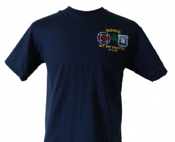 Irish Gone But not forgotten 9/11 t-shirt - Our own unique design for the Irish. The Gone but not forgotten 9/11 Memorial logo with the New York FD and PD department logos beautifully embroidered on the left chest. The irish symbolism centered in between the shields.
