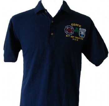 Irish Gone but not forgotten 9/11 Memorial golf shirt - Our own unique design for the Irish. The Gone but not forgotten 9/11 Memorial logo with the New York's FD and PD department logos beautifully embroidered on the left chest. The irish symbolism centered in between the shields.