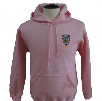 NYPD Ladies Hooded sweatshirt - Pink hooded sweatshirt with NYPD patch embroidered on left chest and open NYPD lettering on back