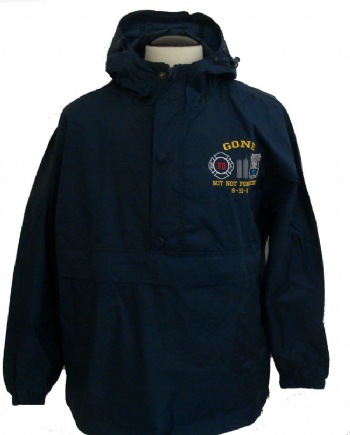 Gone But Not Forgotten PD/FD Anorak Jacket - Brand new item! Anorak style hooded pullover, windbreaker style. Has pull tabs at the hood and bottom hem of jacket. Also has two side pockets, and one zippered compartment on the front (zipper is hidden).Embroidered Gone but not Forgotten logo on left chest. Our exclusive design