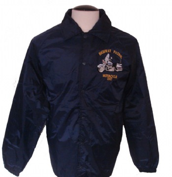 New York's Police Highway Patrol Motorcycle Unit jacket - Highway Patrol Motorcycle unit emblem embroidered on left chest. NEW YORK POLICE Highway Patrol lettering embroidered on the back. This windbreaker style jacket features two pockets, snap buttons, and drawstring on the hem